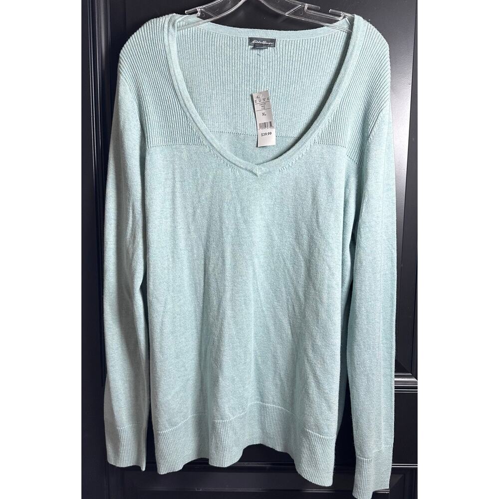 NWT Eddie Bauer Women's XL V-Neck Pale Turquoise Dream Sweater Lightweight